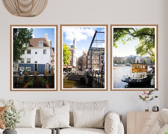 Amsterdam Set von 3 Drucken, Europa Sommer Reise Fotografie, Amsterdamer Kanal & Boote, Kunst Drucke (Ungerahmt), moderne Haus Wand Dekoration