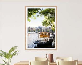 Amsterdam Grachtenboot Druck | Reisefotografie, Fluss Amsterdam, Baum, Wandkunst Drucke (Ungerahmt), Moderne Wohnzimmer Wanddekoration