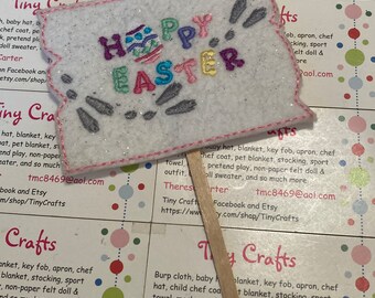 Happy Easter with bunny footprint sign for your Elf, Pixie, or Fashion doll  custom embroidered