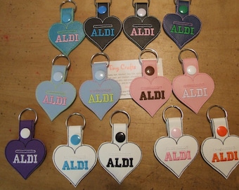 Heart shaped Aldi Quarter coin holder Grocery Aldi Key Fob Chain Ring Tag Snap Tab for Luggage Backpack Zipper
