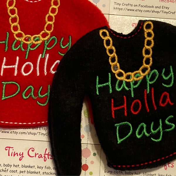 Happy Holla Days Fleece Sweater Jumper for Elf, Pixie, or Fashion doll  like dolls custom embroidered