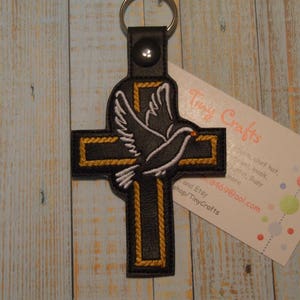 White Dove on Cross Key Fob Chain Ring Tag for Luggage Backpack Zipper