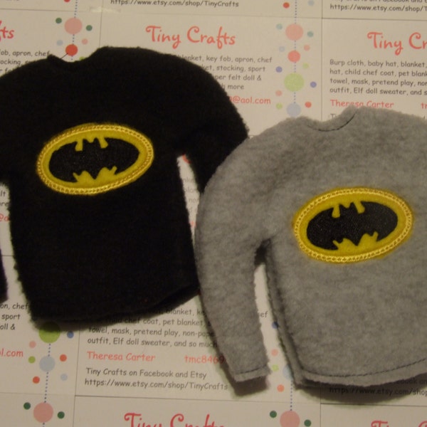 Bat logo Fleece Sweater Jumper for Elf, Pixie, or  like 12" dolls custom embroidered