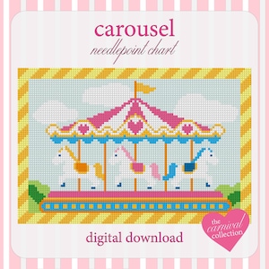 May include: A digital needlepoint chart titled carousel needlepoint chart digital download featuring a pixelated carousel with pink and white roof, yellow flag, and three horses in orange, pink, and blue, framed by a yellow and white striped border.