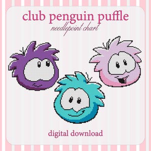 May include: A needlepoint chart titled club penguin puffle digital download featuring three pixelated, round, furry creatures in purple, light blue, and pink. Each character has large white eyes, a small mouth, and spiky hair on a light background.