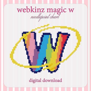 May include: A digital needlepoint chart featuring the text webkinz magic w needlepoint chart and digital download. The central graphic is a pixelated letter W with a dark blue outline, filled with vertical stripes of pink, blue, green, and yellow.