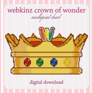 May include: A digital needlepoint chart featuring a pixelated gold crown with a rainbow-colored letter W at the top center. The crown is adorned with four square gems in red, green, blue, and yellow. Text reads: webkinz crown of wonder needlepoint chart digital download.