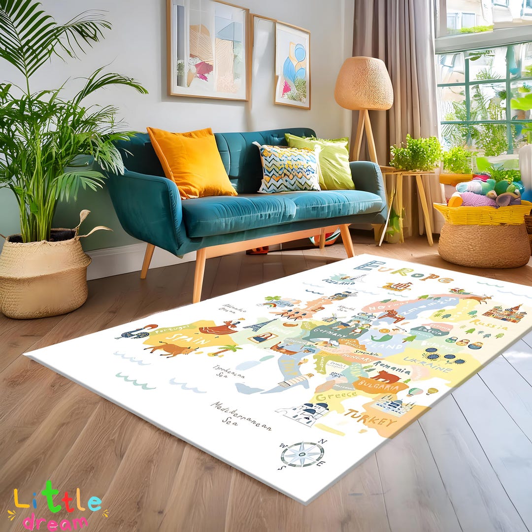 Educational Europe Map Rug, Illustrated European Carpet, Kids Learning ...