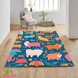 Alfombra con divertidos estampados de animales, criaturas de dibujos animados brillantes, decoración para habitación infantil, alfombra colorida con animales de dibujos animados, alfombra encantadora y caprichosa, decoración para habitación infantil.
