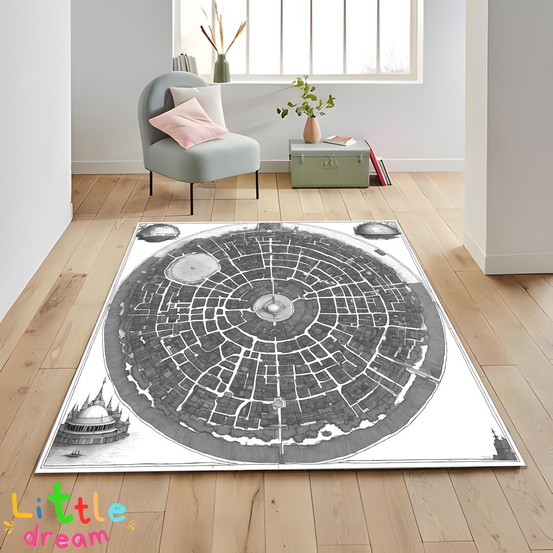 Black and White Circular City Map Rug, Vintage Town Carpet, Unique Home ...