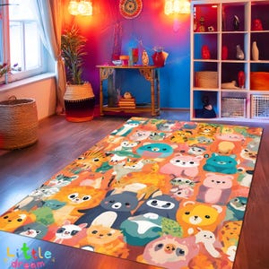 Alfombra de animales juguetones, criaturas coloridas, decoración para habitación infantil, alfombra con estampado de animales adorables, patrón de animales de dibujos animados, alfombra decorativa para habitación infantil
