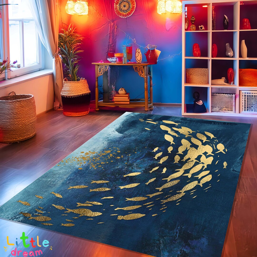 Aquatic Rug Koi Fish Rug, Swimming Fish Carpet, Aquatic Life Floor Mat, Japanese ...