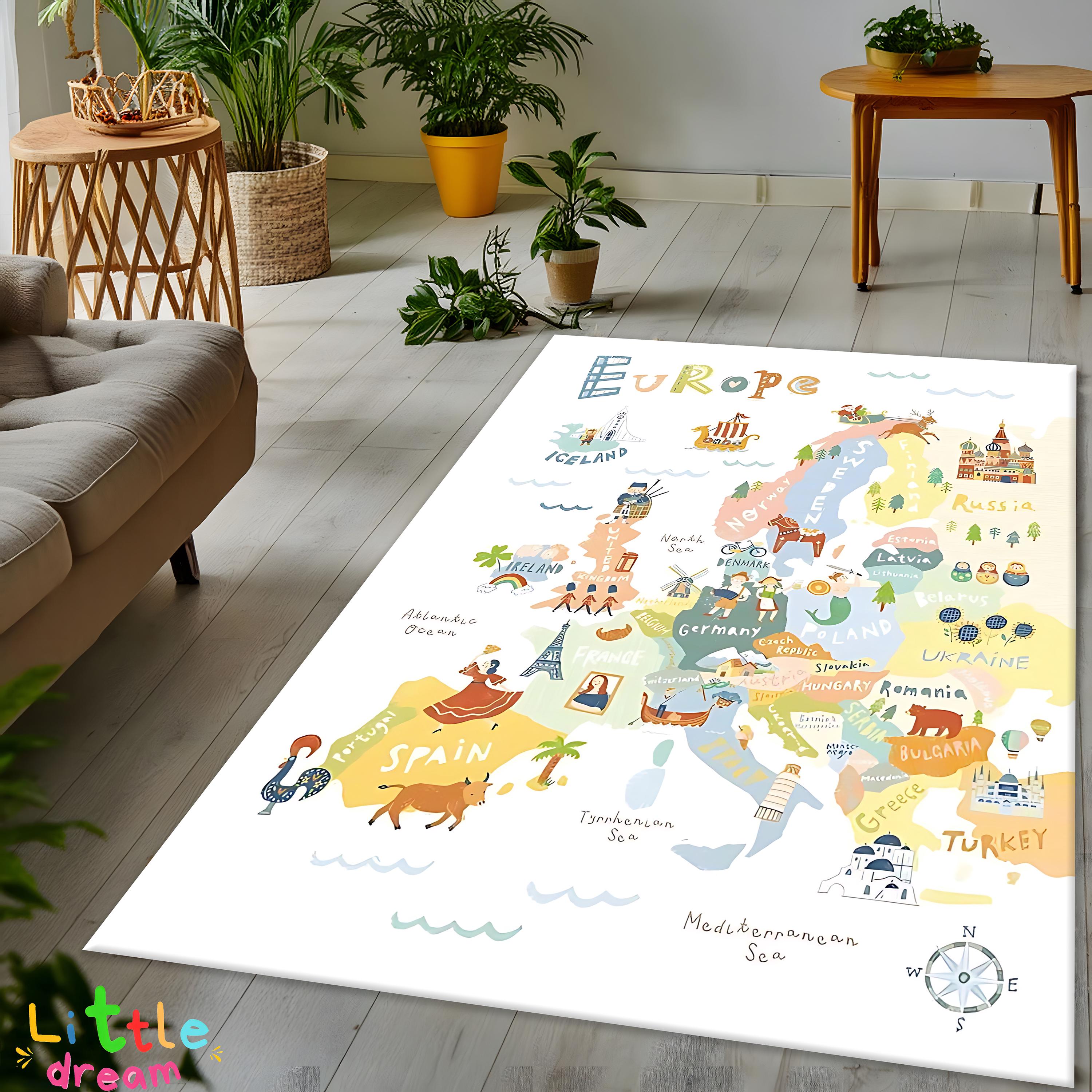 Educational Europe Map Rug, Illustrated European Carpet, Kids Learning ...