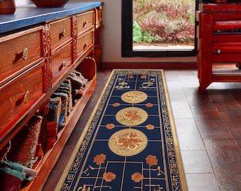 Alfombra de corredor de estilo chino azul: diseño floral oriental