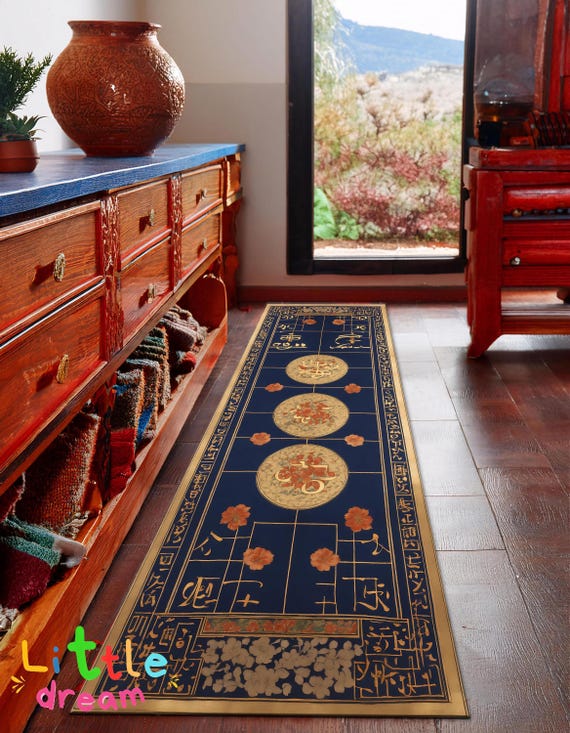 Blue Chinese Style Runner Rug: Oriental Floral Design
