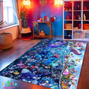 Alfombra submarina colorida con dibujos animados, alfombra oceánica caprichosa, decoración para habitación infantil, alfombra con vida marina brillante, peces y criaturas de dibujos animados, decoración infantil