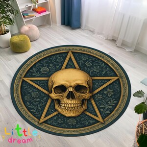 Occult Golden Skull Floor Mat: Dark Green Floral Spooky Rug