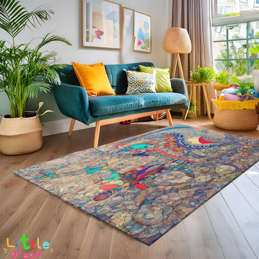 Colorful Intricate Doodle Art Rug, Abstract Pattern Carpet, Unique Home ...