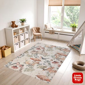 Woodland Animals Nursery Rug: Cottagecore Mushroom Decor, Rabbit & Hedgehog