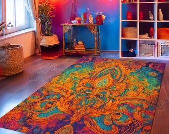 Alfombra con estampado paisley vibrante: medallón bohemio, naranja, verde azulado y morado