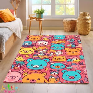 Alfombra colorida con diseño de oso de dibujos animados, adorable alfombra de animales, decoración para habitación infantil, sala de juegos, alfombra con cara de oso, divertido estampado de animales, decoración infantil.