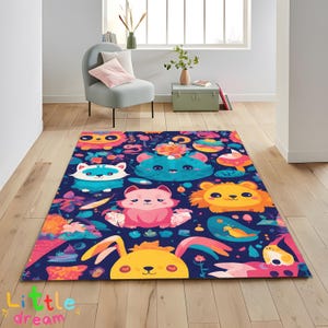 Alfombra colorida con caras de animales de dibujos animados, bonita alfombra infantil, decoración original para la sala de juegos, divertida alfombra con cabezas de animales, patrón de dibujos animados brillante