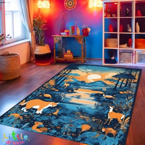Alfombra colorida con dibujos de animales del bosque, alfombra con paisajes caprichosos, decoración natural, alfombra con escenas de bosque brillantes, animales de dibujos animados junto al lago
