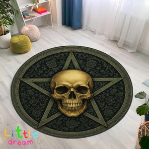 Gothic Gold Skull & Pentagram Area Rug: Witchy Dark Academia Decor