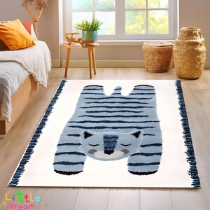 Alfombra de tigre Elvar, alfombra de tigre de rayas azules, alfombra de animales caprichosos, alfombra de tigre de dibujos animados, diseño de animal adorable, alfombra suave para niños