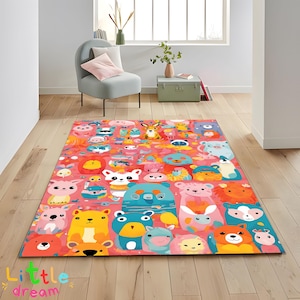 Alfombra colorida con dibujos de animales, bonita alfombra infantil, decoración original para la sala de juegos, alfombra con caras de animales divertidas, estampado de dibujos animados brillante, decoración para la habitación de los niños.