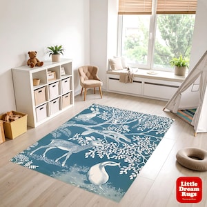 Woodland Animals Nursery Rug: Blue Forest, Deer, Fox, Rabbit