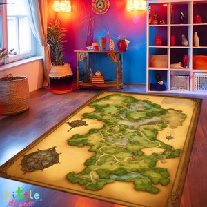 Geïllustreerd tapijt fantasiewereld, kaart vintage stijl, unieke vloerbedekking, middeleeuws kaarttapijt, ontwerp fantasierijk, gamercadeau, woonkamer