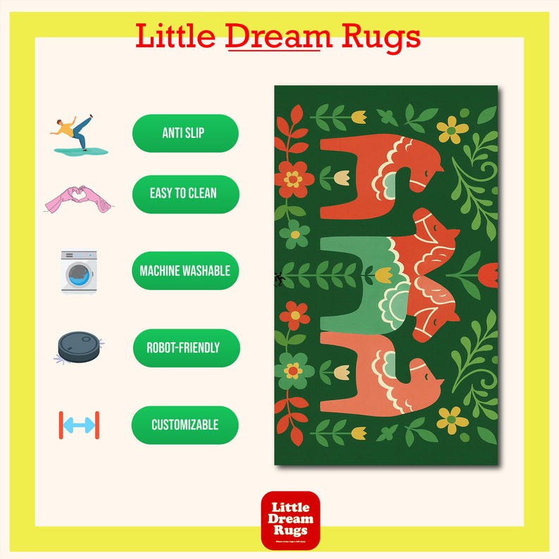 The image is a colorful advertisement for "Little Dream Rugs", featuring a variety of rug designs and highlighting their features such as anti-slip, easy to clean, machine washable, robot-friendly, and customizable.