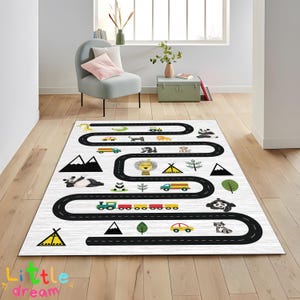 Alfombra colorida con diseño de animales de carretera, alfombra de juego, decoración para habitación infantil, divertida alfombra con diseño de animales de carretera, diseño de ciudad para jugar, decoración infantil