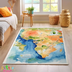 Tapis carte du monde aquarelle, tapis en terre coloré, décoration d'intérieur éducative, tapis artistique, tapis en terre peinte, décoration géographie vibrante