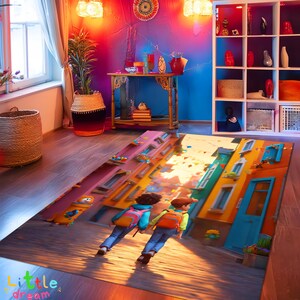 Alfombra urbana colorida con dibujos animados, alfombra infantil para caminar, decoración infantil original, alfombra urbana luminosa con escena infantil de dibujos animados, decoración para sala de juegos