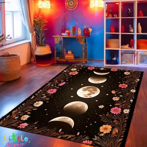 Moon Phases and Flowers Rug, Celestial Botanical Carpet, Gothic Full Moon Rug, Witchy Dark Academia Area Rug, Mystical Night Moon Phase Rug