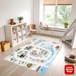 Road Map Kids Rug, Cars and City Play Mat, Playroom Carpet, Interactive Themed Area Rug, Boys and Girls Room Decor, Train and City Playmat