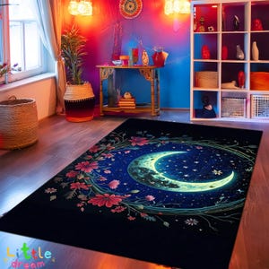 Crescent Moon & Wildflower Mandala Rug, Boho Lunar Floral Carpet, Mystical Moon Phase Round Rug, Celestial Nature-Inspired Home Decor