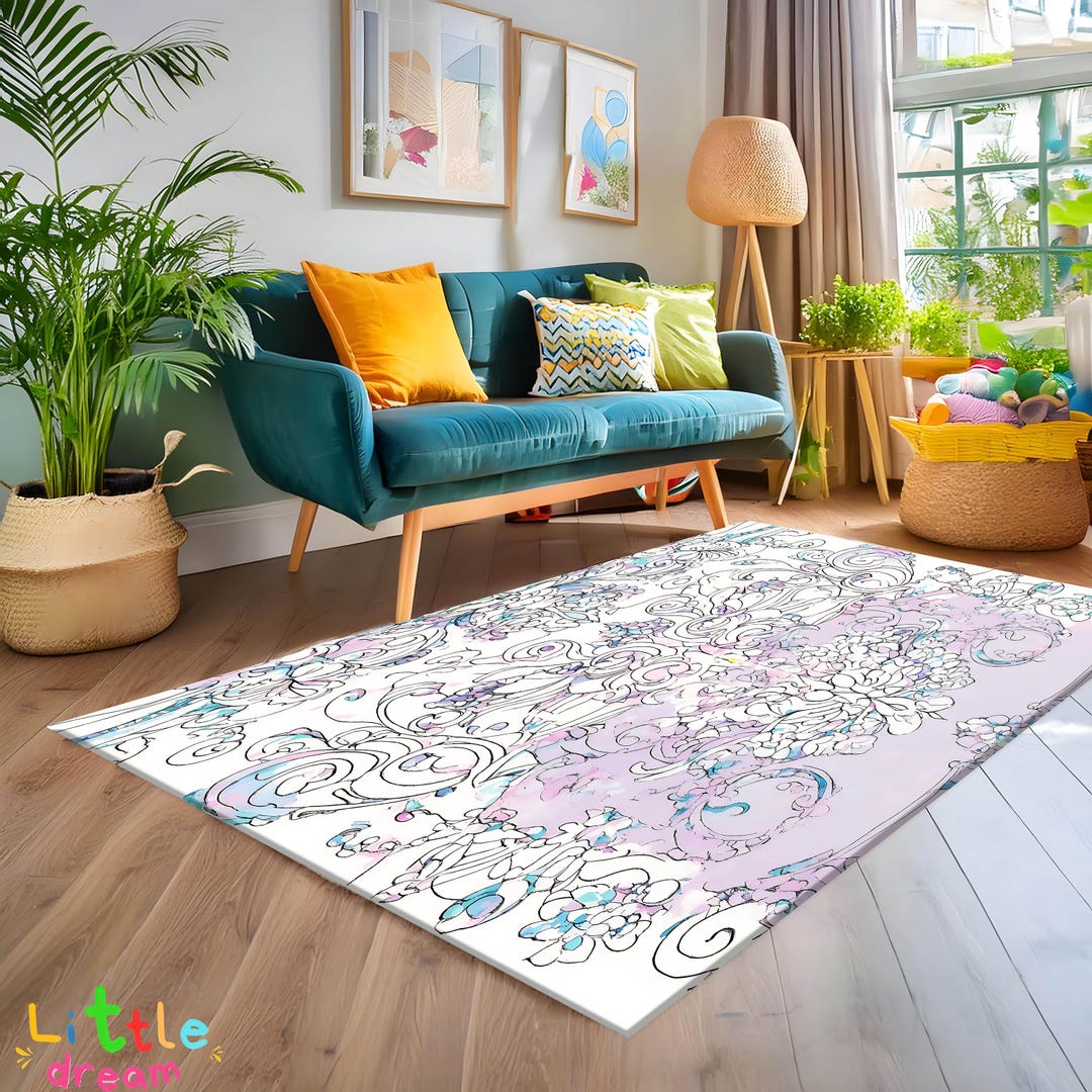 Delicate Floral Line Art Rug, Abstract Swirl Pattern Rug, Pastel Floral ...