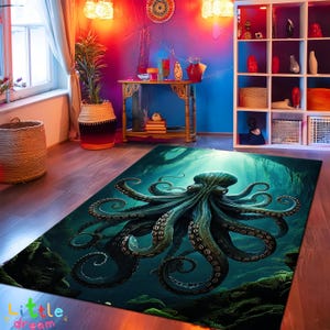 Tapis pieuvre des grands fonds, tapis créature océanique unique, tapis pieuvre pour décoration de chambre gothique, corbeau académique sombre en tapis, tapis décoratif pieuvre