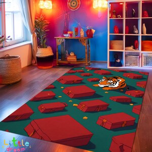Alfombra caprichosa con tigre y maleta, alfombra colorida con animales, decoración única para el hogar, alfombra estilizada con tigre y maletas, estampado animal divertido