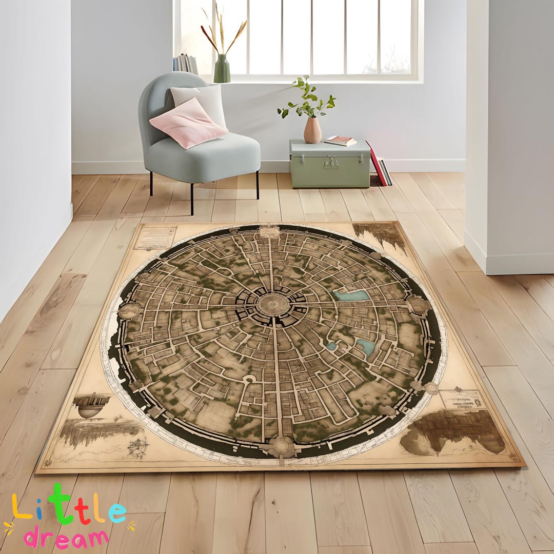 Antique Style City Plan Area Rug, Medieval Town With Water, Study Decor ...