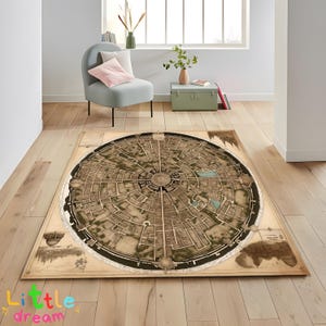 Alfombra de estilo antiguo con plano de ciudad, ciudad medieval con agua, decoración de estudio, alfombra con mapa de ciudad de fantasía, estilo cartografía antigua, revestimiento de suelo único