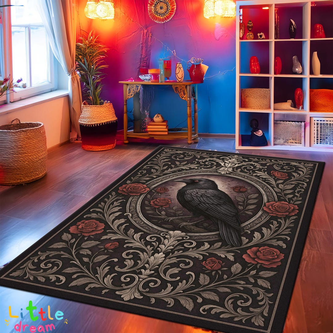 Gothic Raven and Roses Rug, Baroque Raven Rug, Dark Gothic Bird With ...
