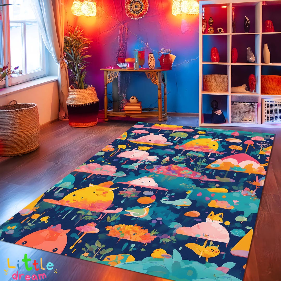 Colorful Cartoon Animal Rug, Whimsical Nature Carpet, Kids Room Decor ...