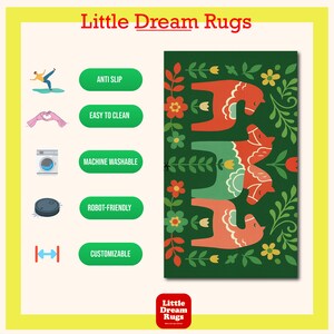 The image is a colorful advertisement for "Little Dream Rugs", featuring a variety of rug designs and highlighting their features such as anti-slip, easy to clean, machine washable, robot-friendly, and customizable.