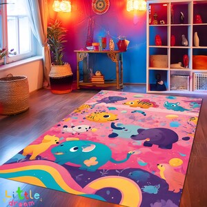 Alfombra colorida con paisaje de animales de dibujos animados, alfombra arcoíris, decoración para habitación infantil, alfombra con escena de animales caprichosos, alfombra de naturaleza con dibujos brillantes, alfombra para guardería
