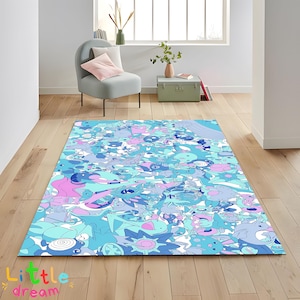 Kleurrijk tapijt cartoon wezens, tapijt met grillig dierenpatroon, kinderdecor, helder stripfiguur vloerkleed, ontwerptapijt speels wezen