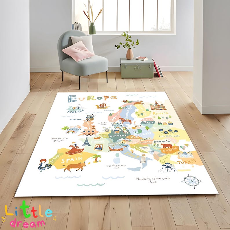 Educational Europe Map Rug, Illustrated European Carpet, Kids Learning ...